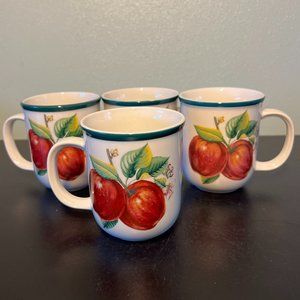 Set of 4 Vintage CHINA PEARL CASUALS Red Apples w/ Blossoms Stoneware Mugs